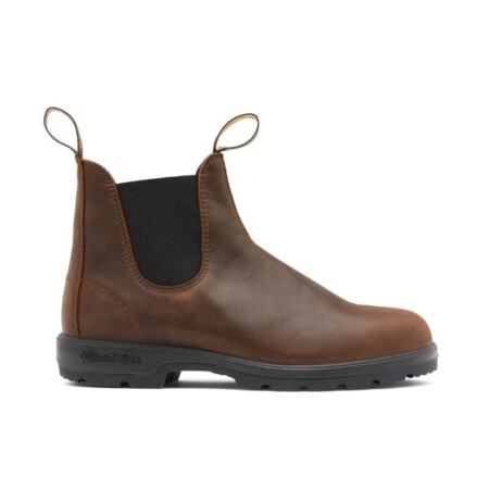Dark brown slip on boot with black elastic goring on side. Black sole