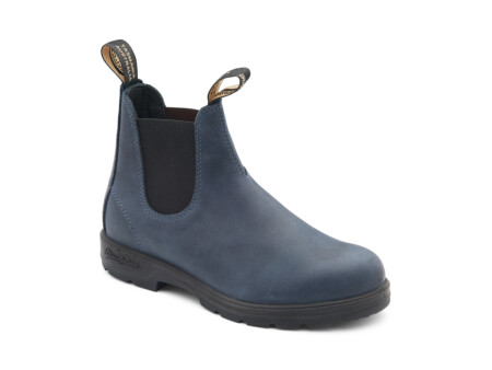 Blue chelsea boot with black elastic inserts