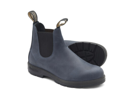 Blue chelsea boot with black elastic gore inserts