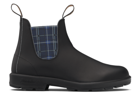 Black Chelsea boot with Navy blue tartan elastic insert