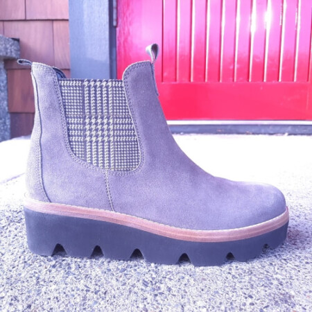 Grey suede chealsea boot with plaid elastic gore