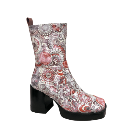 Platform Mid Calf boot with floral print white background.