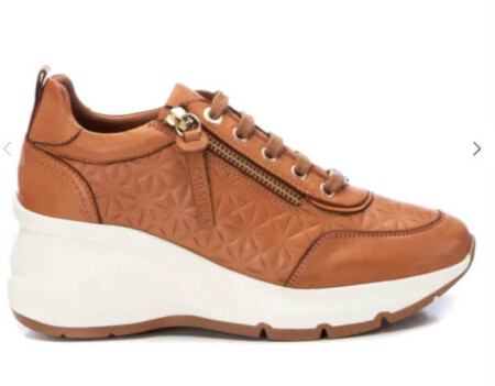 side zip Wedge sneaker carmel brown with white base Carmella
