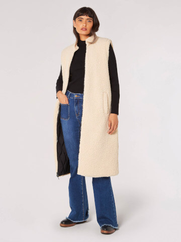 Apricot Reversable Long Quilted Sherpa Vest Cream