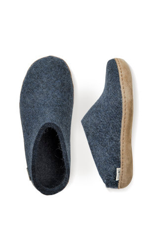 Wool Slipper leather sole denim Blue