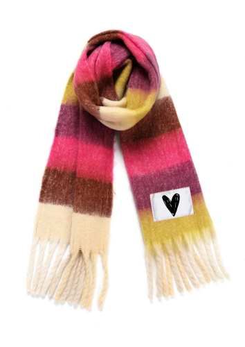Hot Pink multi coloured scarf with heart logo.