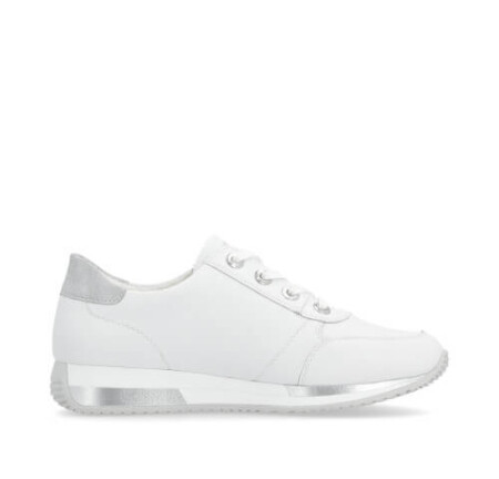 White sneaker with silver accents and side zip.