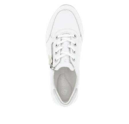 White sneaker with silver accents and side zip.
