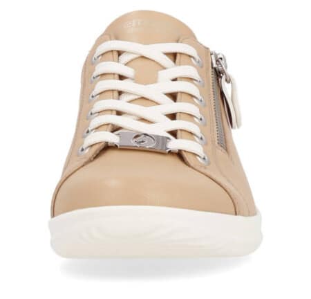 Tan sneaker with side zip white sole