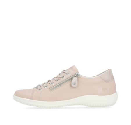 Remonte Alula leather sneaker in pink with outside zip and white sole.
