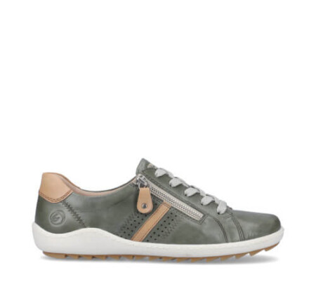 Green and tan sneaker with side zipper.