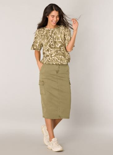 Army green washed cotton pencil skirt on model.