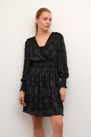 Black long sleeve v neck dress with textured pattern on model.