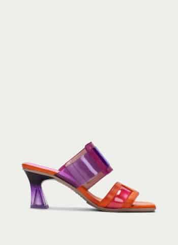 Greta Sandal by Hispanitas in Purple, and orange with Purple clear heel.
