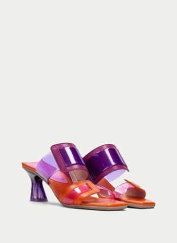 Greta Sandal by Hispanitas in Purple, and orange with Purple clear heel.