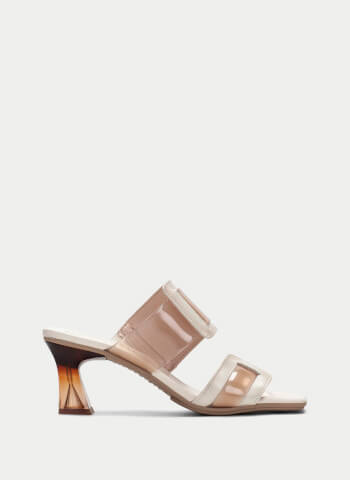 Greta Sandal by Hispanitas in cream and taupe with a taupe coloured clear heel.