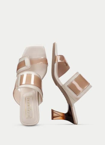 Greta Sandal by Hispanitas in cream and taupe with a taupe coloured clear heel.