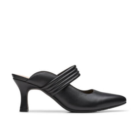 Black slip on pump with a strap over the midfoot.