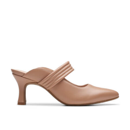 Tan pump slide with strap over midfoot