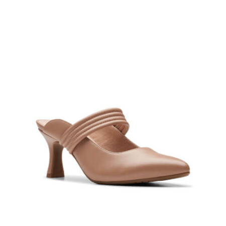 Tan pump slide with strap over midfoot