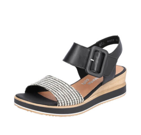 A stylish Remonte Siradia wedge sandal in classic black and white, featuring a chic buckle for added flair.