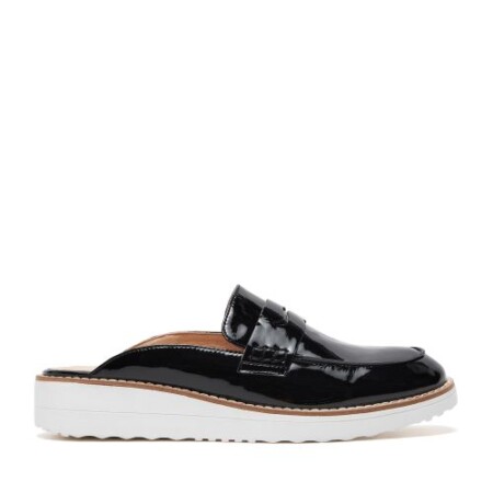 Black Patent Olmm slide by Django and Juliette with white sole