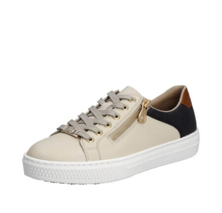 Stylish white leather sneakers with zipper detail, perfect for casual outings. Rieker Gurgaon walker.