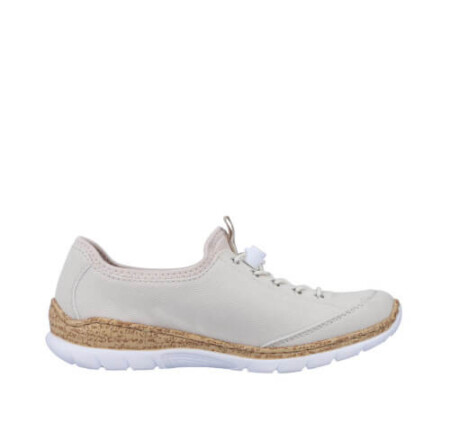 Stylish white sneakers with a gold trim and zipper, perfect for women who love trendy footwear. Rieker Nabukino canvas sneaker.