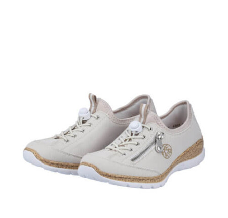 Stylish white sneakers with a gold trim and zipper, perfect for women who love trendy footwear. Rieker Nabukino canvas sneaker.