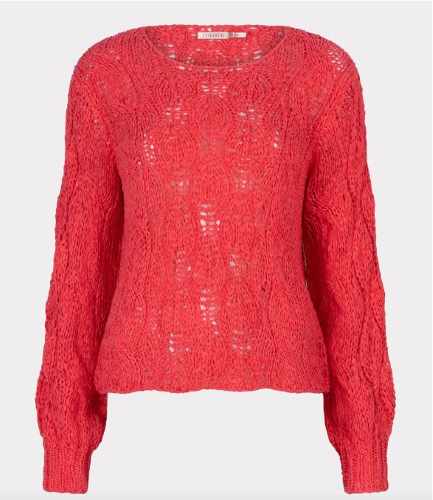 Look stylish in this Esqualo Round Neck Sweater with Tape Yarn. Its vibrant red color and lace-edged neckline make it a must-have!