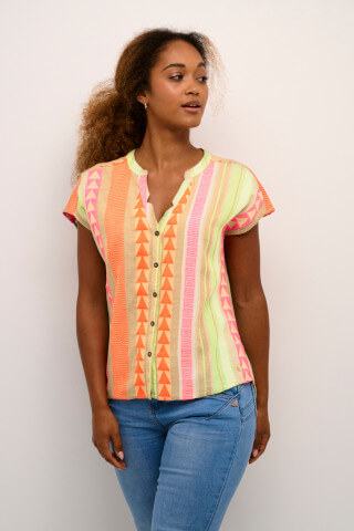 Colourful Cream Sola Blouse with buttons on model