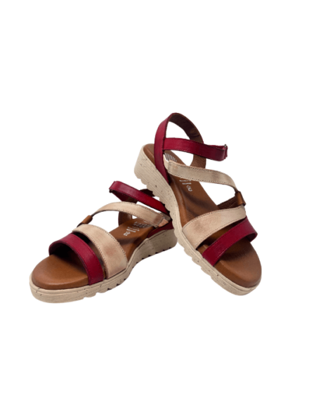 Red, tan and brown Bianca Moon leather wedge sandal.