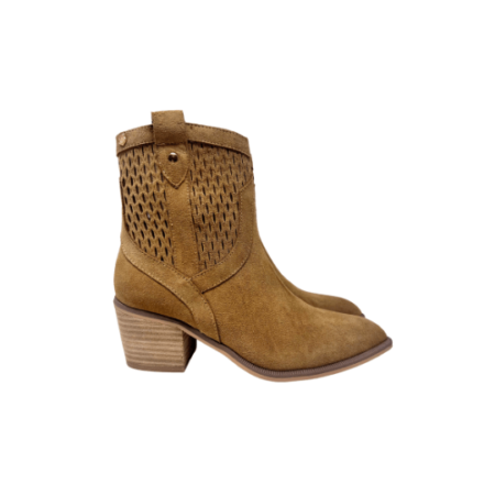 Carmela Beth's tan suede ankle boots feature a trendy wooden heel for a fashionable look.