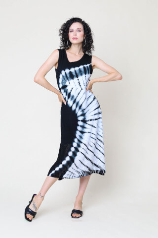 Model wearing black and white tye dyed tank dress