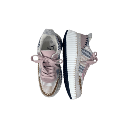 Platformed white sneaker with suede and woven knit upper in pink, gold , navy and white