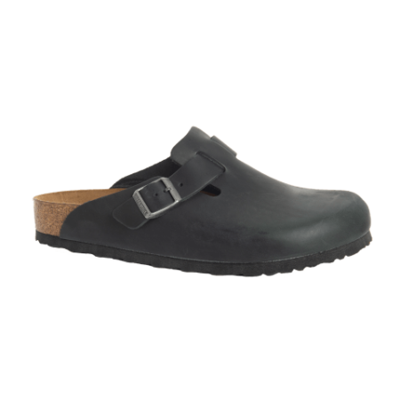 Black leather Birkenstock Boston Clogs, perfect for a casual yet trendy outfit.
