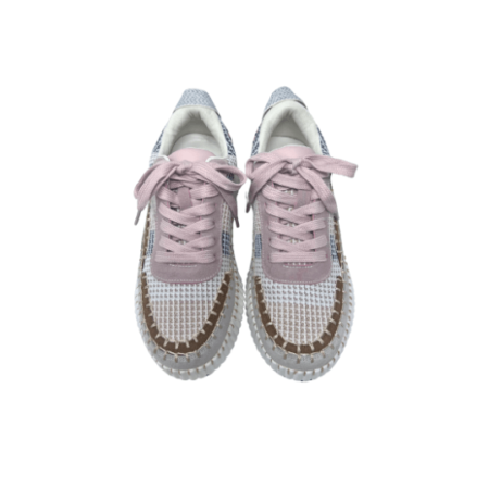Platformed white sneaker with suede and woven knit upper in pink, gold , navy and white