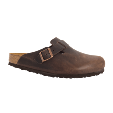 Brown leather Birkenstock Boston Clogs, perfect for a casual yet trendy outfit.