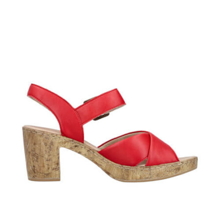 Rieker Cross strap platform sandal in red leather with ankle strap.