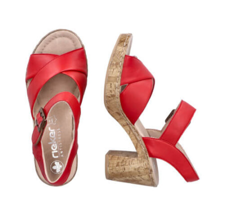 Rieker Cross strap platform sandal in red leather with ankle strap.