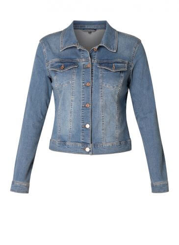 Model Wearing Medium blue denim jean jacket
