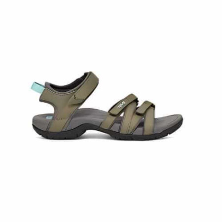 A Teva Tirra sandal in olive green and grey, featuring multiple adjustable straps for a secure fit. The sandal has a contoured footbed and a rugged, non-slip sole, designed for comfort and stability during outdoor activities. Ideal for hiking or everyday adventures.