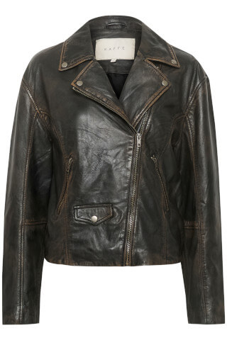 Front of Kaffe Jane Leather biker jacket in distressed black