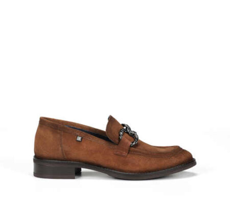 Brown suede Dorking Harvard penny loafers with metal snaffle detailing