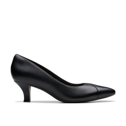 A Clarks Noah Rose Pump, featuring a classic black leather upper with a smooth finish. The shoe has a pointed toe design and a mid-height tapered heel, providing an elegant silhouette suitable for formal wear.