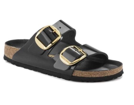 Birkenstock Arizona with gold big buckles in black patent