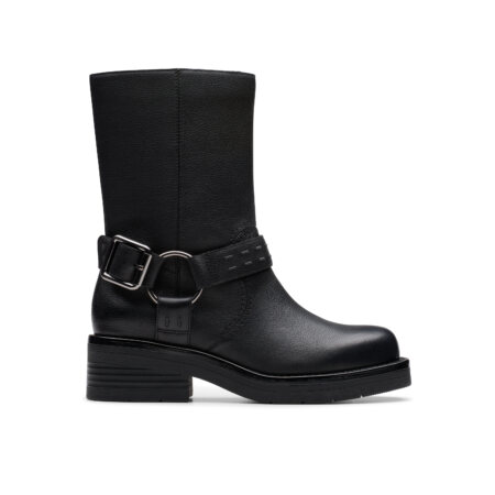 Clarks Rebelle up Moto boot in black on white background.