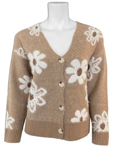 Beige/ Brown V-Neck Cardi with white daisies and lovely buttons