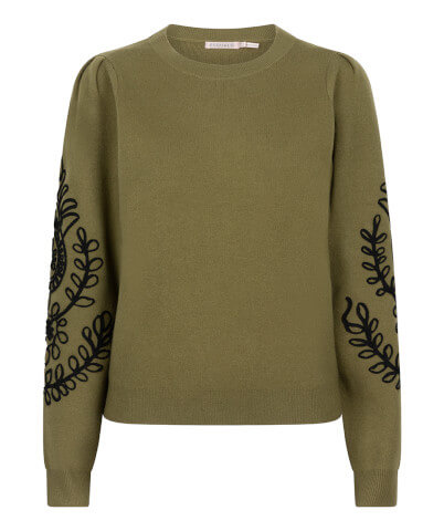 This is a stylish olive-green Esqualo sweater featuring intricate black embroidery on the sleeves. The design includes a round neckline, puffed shoulders, and a cozy knit texture, making it perfect for adding a touch of elegance to your fall or winter wardrobe. The black embroidered pattern provides a beautiful contrast against the olive green, giving the sweater a sophisticated and unique look.