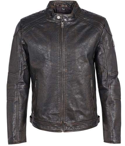 A men’s Mauritius Brent leather jacket in a dark color. The jacket features a central front zipper, a band collar with a snap button, and zippered cuffs on the sleeves. There are visible panel details across the shoulders and upper arms, as well as side pockets with zipper closures. The leather has a slightly distressed texture, giving it a rugged and stylish appearance.